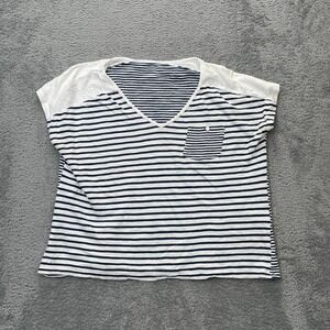 J Jill Shirt Womens Medium Petite White Easy V Neck Striped Cotton Cap Sleeve